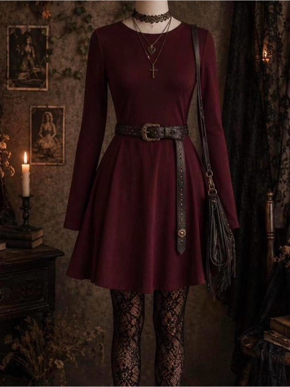 Women's Long-Sleeve Burgundy Fit & Flare Dress